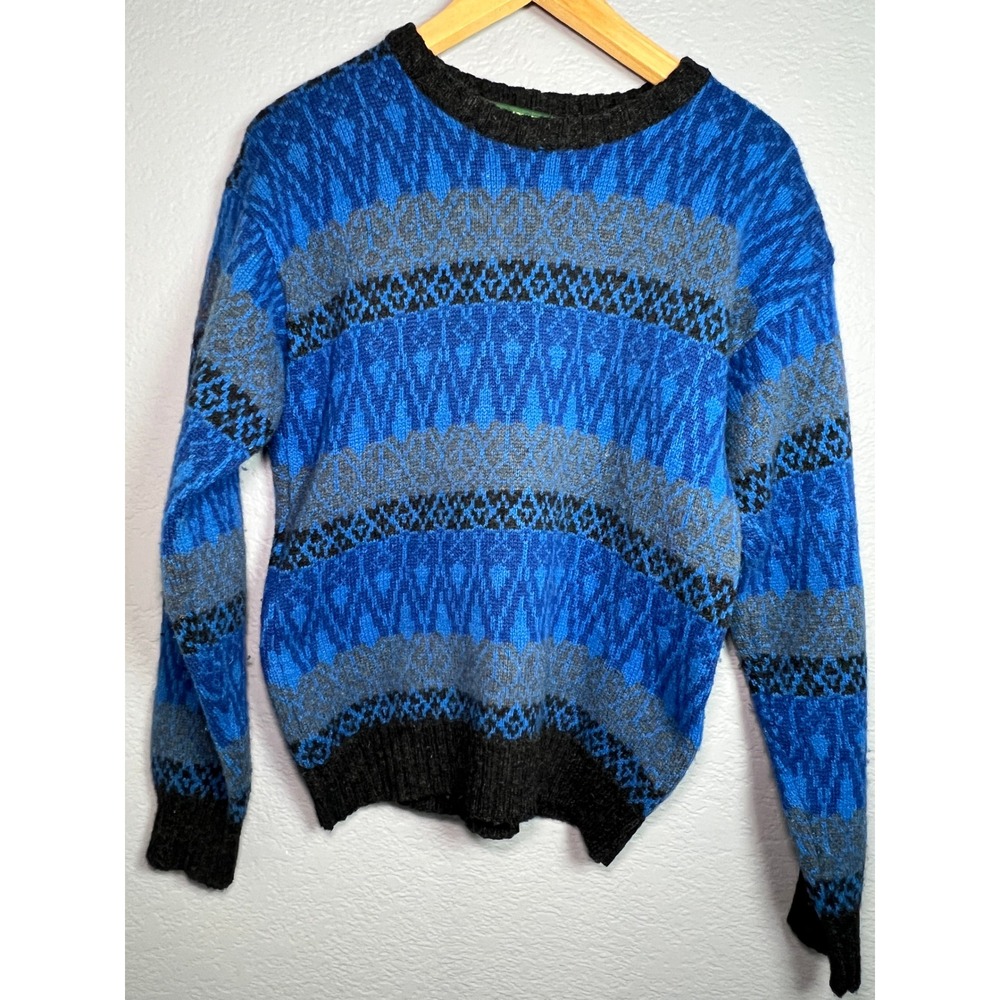 Vintage Crewneck Sweater Mens M Blue Fair Isle Wool Cosby 90's Hill & Archer